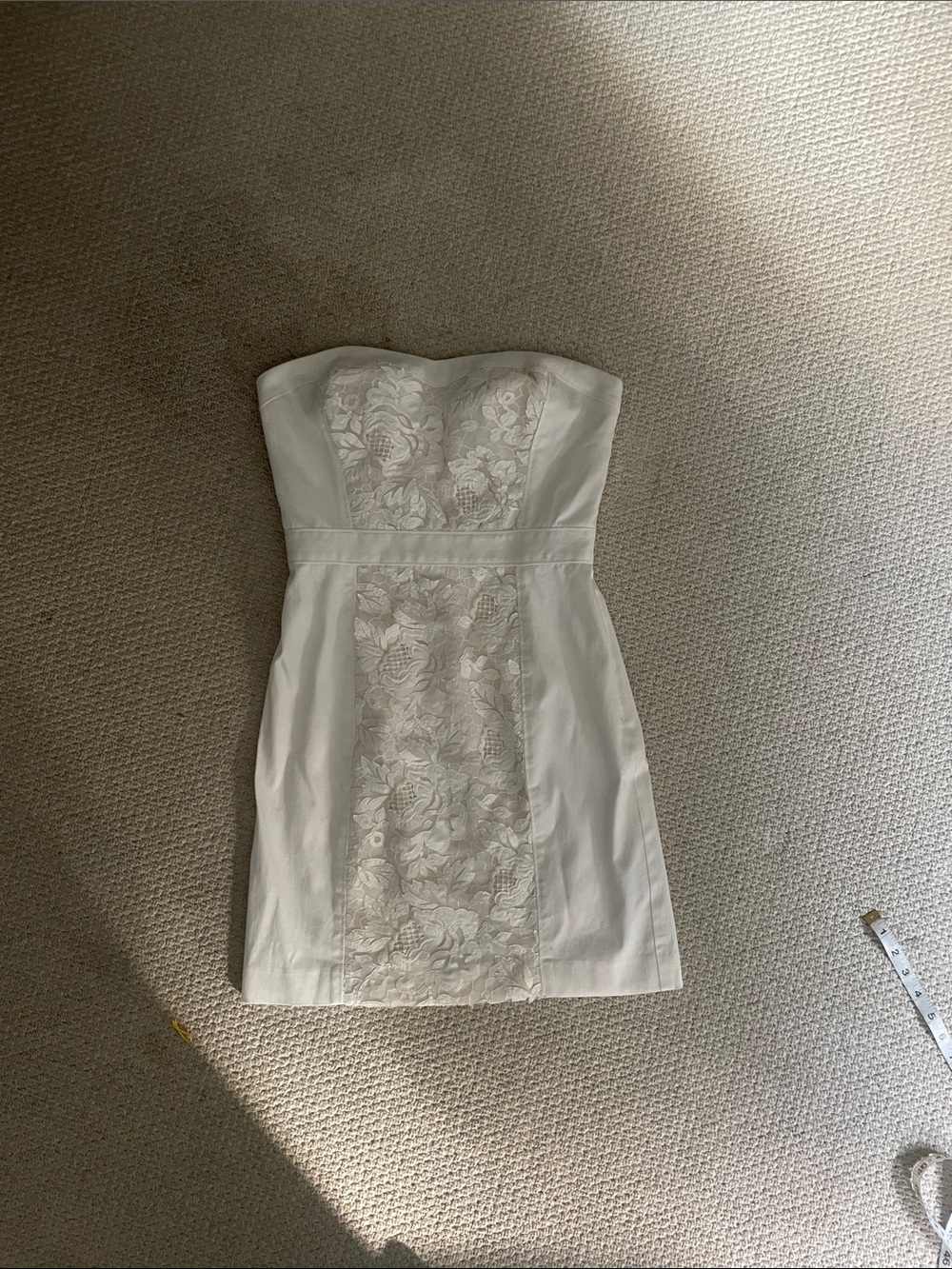 Strapless White Floral Lace-Panel Sheath Dress